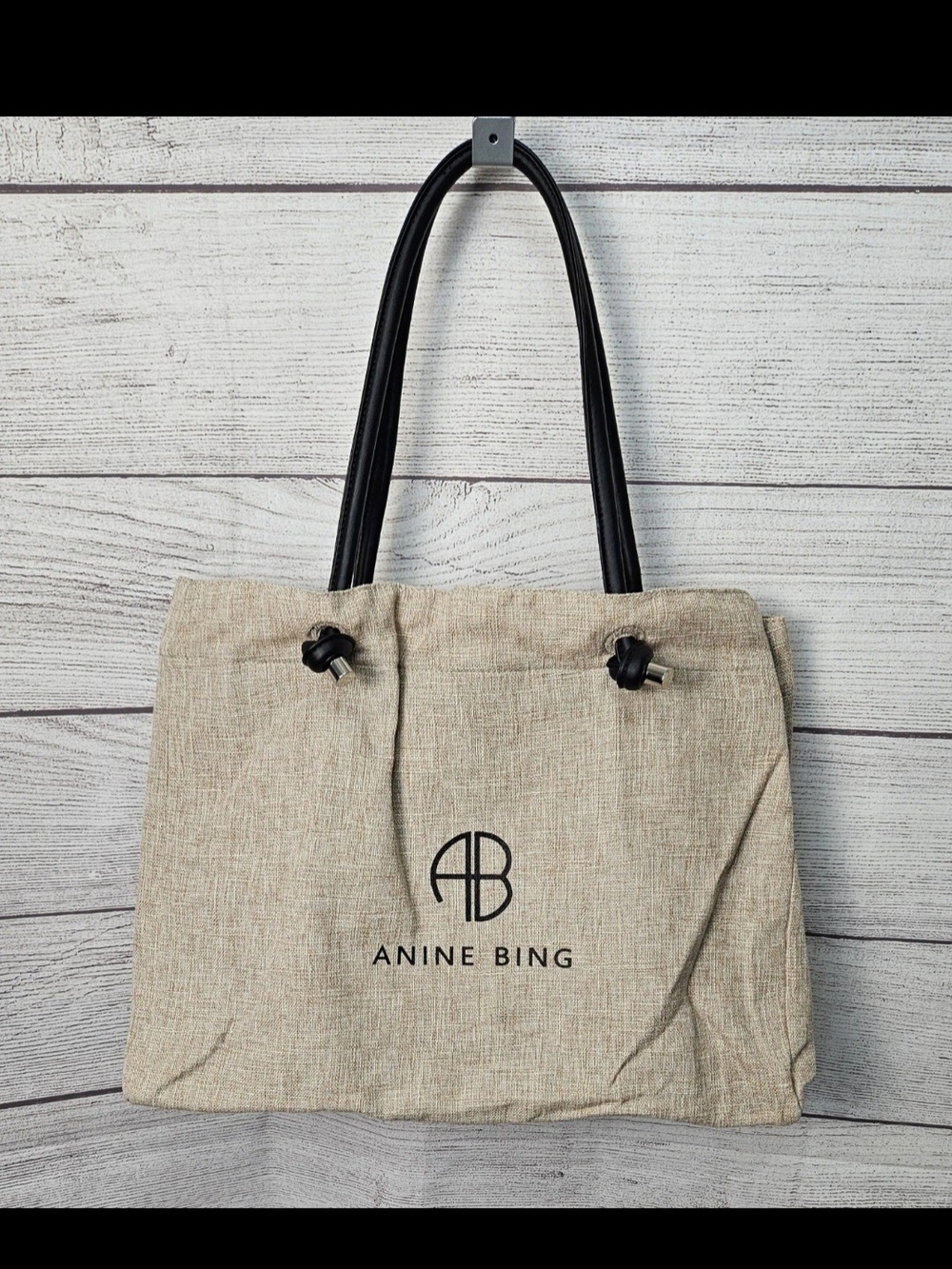 ANINE BING Tote Bag Beige Double Handles Black Lined Inner Pockets